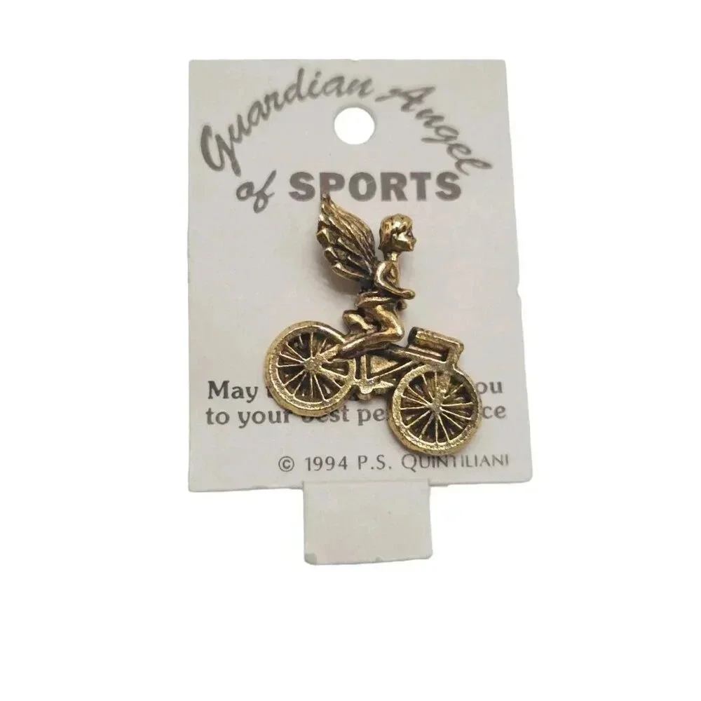 Guardian Angel on Bicycle Lapel Brooch Pin Gold Tone Vintage